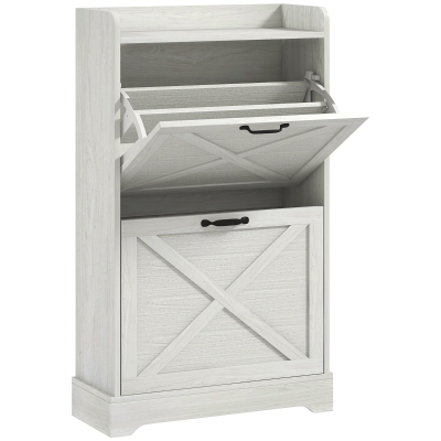 HOMCOM Farmhouse Shoe Cabinet, 2 Flip Drawers, Adjustable Shelves, White