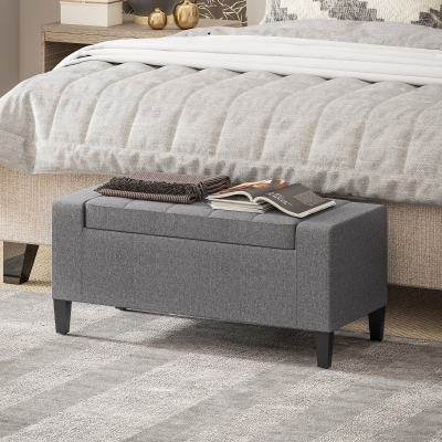 HOMCOM 36" Storage Ottoman Bench, Linen-Look Fabric End of Bed Bench with Solid Wood Frame and Legs, Tufted Storage Chest, Footrest for Living Room, Bedroom, Entryway, Grey