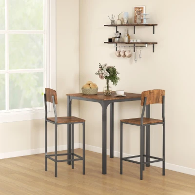 HOMCOM 3-Piece Pub Table Set, Walnut Square Dining with Stools