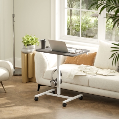 HOMCOM Height Adjustable Standing Desk, Pneumatic Sit Stand Desk with Wheels and Headphone Hook, Grey Wood Grain