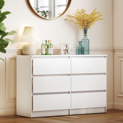 HOMCOM Wide Chest of Drawers, 6 Drawer Dresser for Bedroom, Living Room, Hallway, Modern Clothes Storage Organizer, White