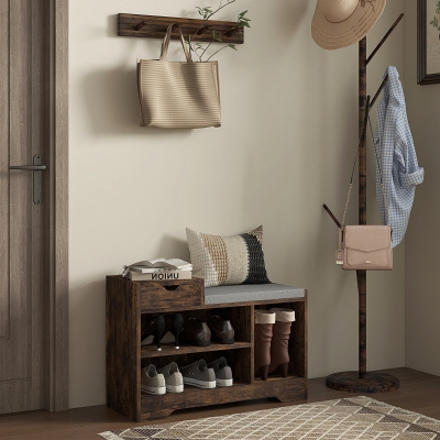 HOMCOM Upholstered Shoe Storage Bench, Hallway Shoe Storage with Seat, Drawer, 3 Open Shelves for Entryway, Rustic Brown