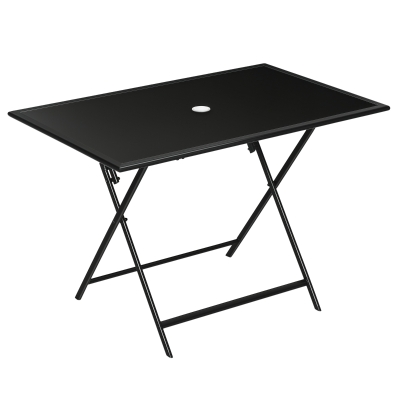 Outsunny Foldable Outdoor Dining Table with Umbrella Hole, Patio Table for 6 with Glass Top Table, Metal Frame for Garden Lawn Backyard, Black