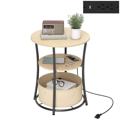 HOMCOM Round Side Table with Charging Station & Storage, Wood