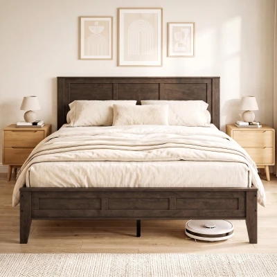 HOMCOM Queen Bed Frame with Headboard, Storage, Walnut