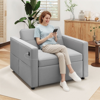 HOMCOM Convertible Chair Bed, Pull Out Sleeper Chair with USB, Adjustable Backrest, Small Velvet Futon Sofa Bed, Grey