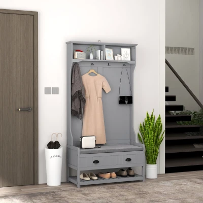 HOMCOM 3-in-1 Hall Tree Bench with Coat Rack, Shoe Storage, Gray