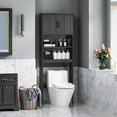 kleankin Modern Over The Toilet Storage, Bathroom Cabinets Over Toilet with Open Shelves and Double Door Cabinet, Black