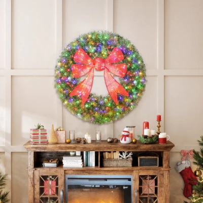 HOMCOM 36in Pre-Lit Christmas Wreath with Red Bow & Remote