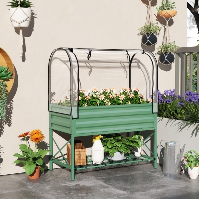 Outsunny Raised Garden Bed with Cover, Metal Elevated Planter Box with Bottom Shelf and Liner, Green