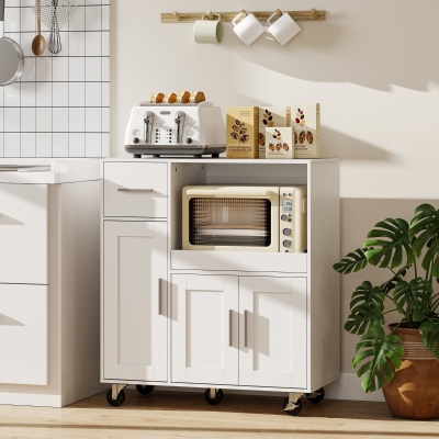 HOMCOM Microwave Cabinet Kitchen Cart Sliding Tray Adjustable Shelf Cable Hole 31.5" x 15.7" x 34.9" in White
