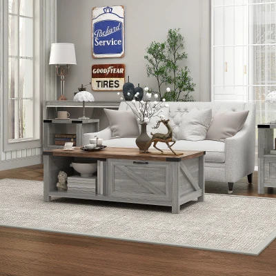 HOMCOM Farmhouse Coffee Table with Drawer & Shelf, Distressed Gray