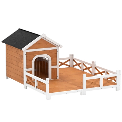 PawHut Outdoor Wooden Dog House, Dog Shelter with Large Porch, Weatherproof & Openable Roof, Elevated Base, Removable Floor