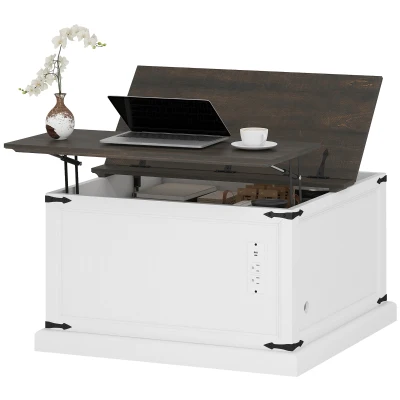 HOMCOM Lift Top Coffee Table with Charging Station, Square Farmhouse Center Table with Hidden Storage, White Wood Grain