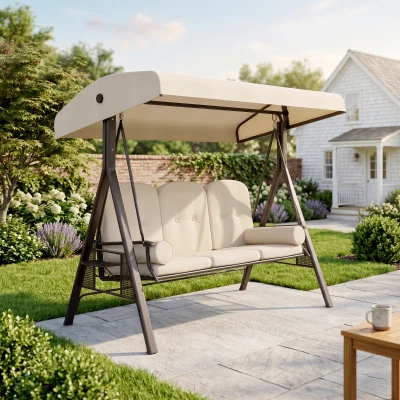 Outsunny 3-Seat Patio Swing Chair, Adjustable Canopy, Beige