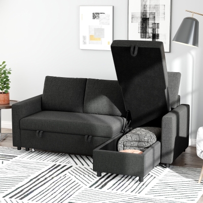 HOMCOM 83" Sofa Bed, Pull Out Sleeper L Shaped Sectional Couch with Reversible Storage Chaise, Wide and Deep Seat, Black