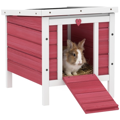 PawHut Small Wooden Rabbit Hutch, Waterproof Roof, Red