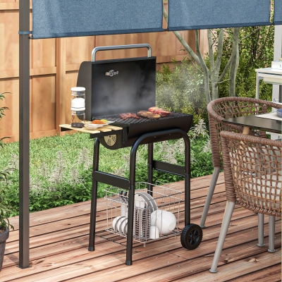 Outsunny Charcoal Barbecue Grill, BBQ with Thermometer, Shelves and Wheels, Black