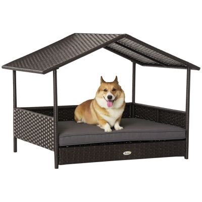 PawHut Wicker Dog House with Canopy, 19.75" for Dogs up to 66 lbs