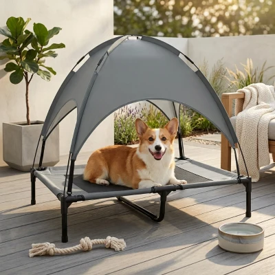 PawHut 36" Elevated Dog Bed with Canopy, UV Protection, Gray