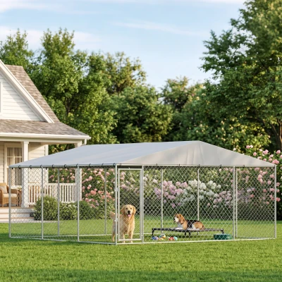 PawHut 13'x13' Dog Kennel Outdoor with Waterproof Roof, Silver