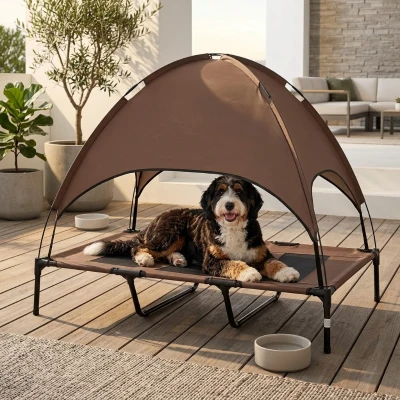 PawHut 48" Elevated Portable Dog Cot Bed with Canopy, Coffee