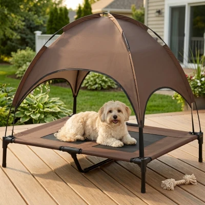PawHut 36" Elevated Dog Cot Bed with Canopy Shade, Coffee
