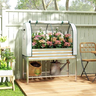 Outsunny Galvanized Raised Garden Bed with Greenhouse Cover, Silver