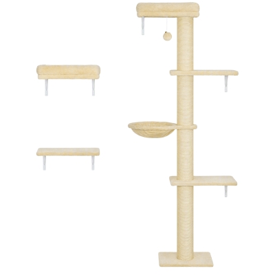 PawHut 3-in-1 Cat Wall Shelves Set with Scratching Post, Beige