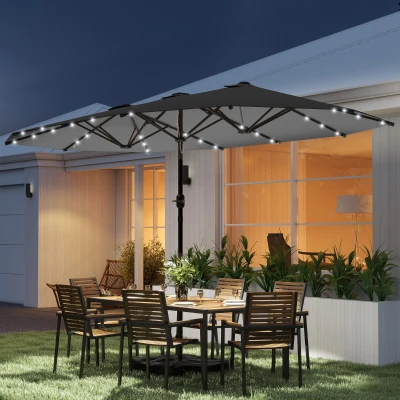 Outsunny 14.4ft Double-Sided Patio Umbrella with Solar LED, Gray