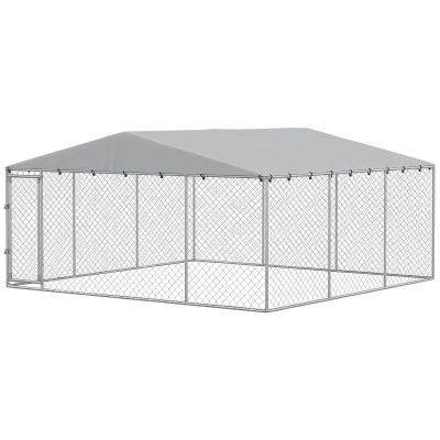 PawHut 13'x13' Dog Kennel Outdoor with Waterproof Roof, Silver