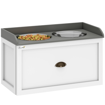 PawHut Elevated Dog Feeding Station, 2 Bowls with Storage, White