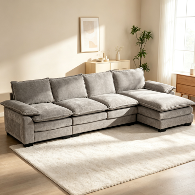 HOMCOM 120.5" Chenille L-shaped Sofa with Double-layer Cushion, Sofa Couch with Chaise Lounge for Living Room, Grey