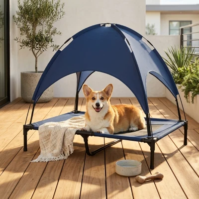 PawHut 36" Elevated Dog Cot with UV Protection Canopy, Dark Blue
