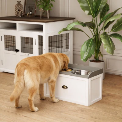PawHut Elevated Dog Feeding Station, 2 Bowls with Storage, White