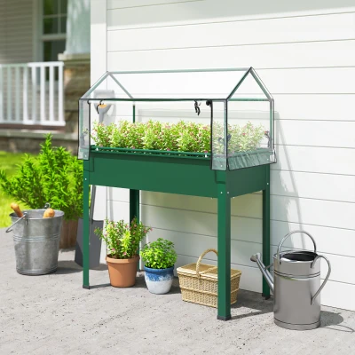 Outsunny Elevated Garden Bed with Greenhouse Cover and Drainage, Green