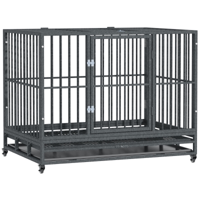 PawHut 43" Heavy Duty Dog Crate with Lockable Wheels, Gray