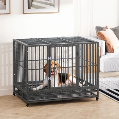 PawHut 43" Heavy Duty Dog Crate with Lockable Wheels, Gray