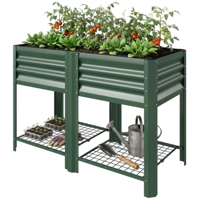 Outsunny Raised Garden Bed Steel Elevated Planter with Shelf, Green