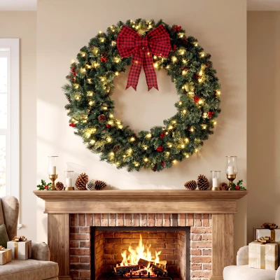 HOMCOM 36" Prelit Christmas Wreath with Bow, Berries & Pinecones