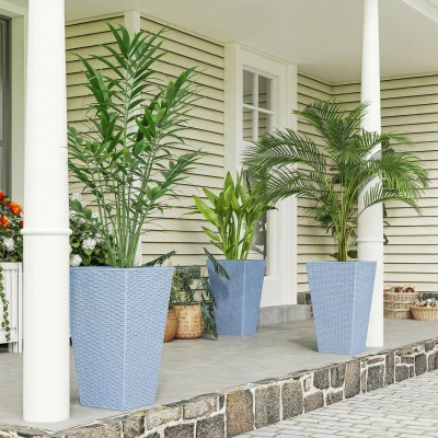 Outsunny Set of 3 Tall Rattan Planters with Drainage, Light Gray