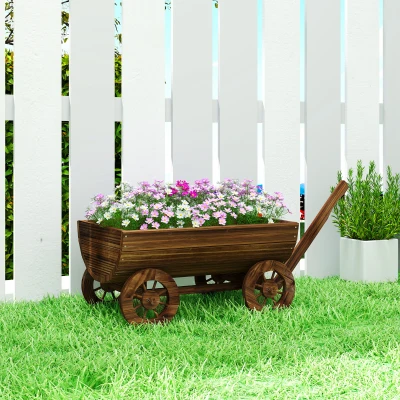 Outsunny Wooden Wagon Planter Box with Wheels & Drainage Hole