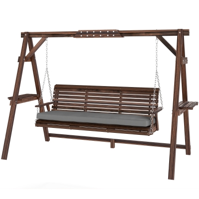 Outsunny 3-Seat Wooden Patio Swing with Stand & Cushion, Brown