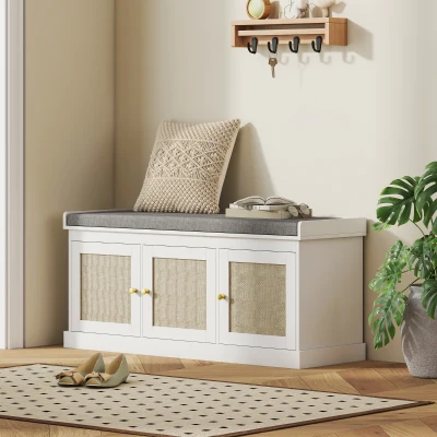 HOMCOM White Shoe Storage Bench with Rattan Doors & Cushion