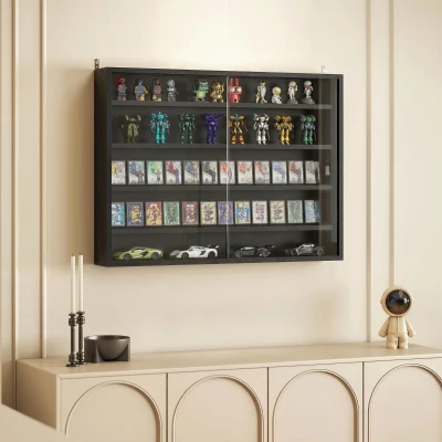 HOMCOM Wall-Mounted 5-Tier Display Cabinet with Glass Doors, Black