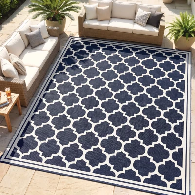 Outsunny 9' x 12' Reversible Outdoor Rug, Waterproof, Blue & White