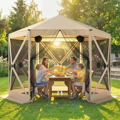 Outsunny 10 x 11 ft Pop Up Gazebo Tent with Netting, Beige