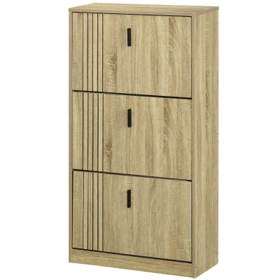 HOMCOM Shoe Storage Cabinet Organizer for 18 Pairs of Shoes with 3 Flip Drawers and Adjustable Shelves, Oak