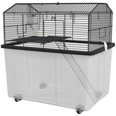 PawHut 22" 2-Tier Hamster Cage with Extra-Deep 14" Base, Small Animal Cage with Ramp, Water Bottle, Food Dish, Wheels, Black