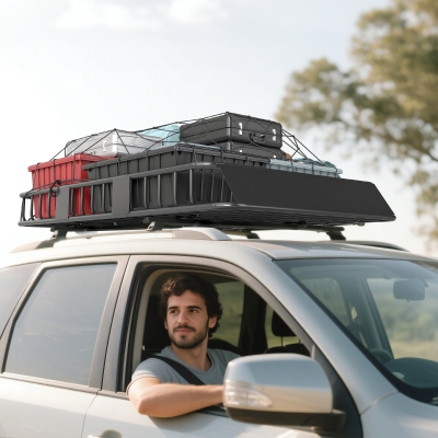 HOMCOM 64"/43" x 39" Car Roof Rack, Length Adjustable Roof Basket, Universal Rooftop Cargo Carrier Basket with U-bolts, 220 lbs Capacity
